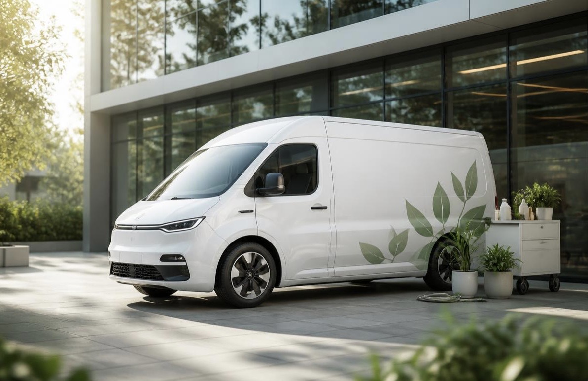 NULLUM zero emission mobile valeting eco-van at a modern workplace